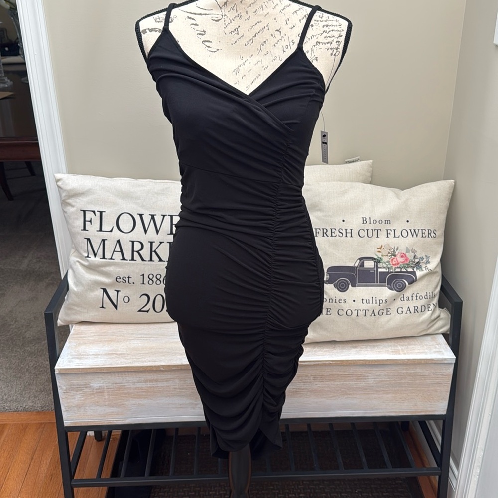 NWT Leith Black Spaghetti Strap Bodycon Ruched Dress in small